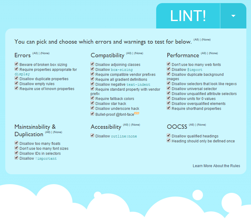 CSSLint options screenshot