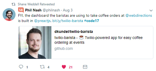 Code 17 in 100 Tweets: coffee ordering system is built in Preact