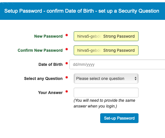 A form showing a new password filled, date of birth field, a security question field