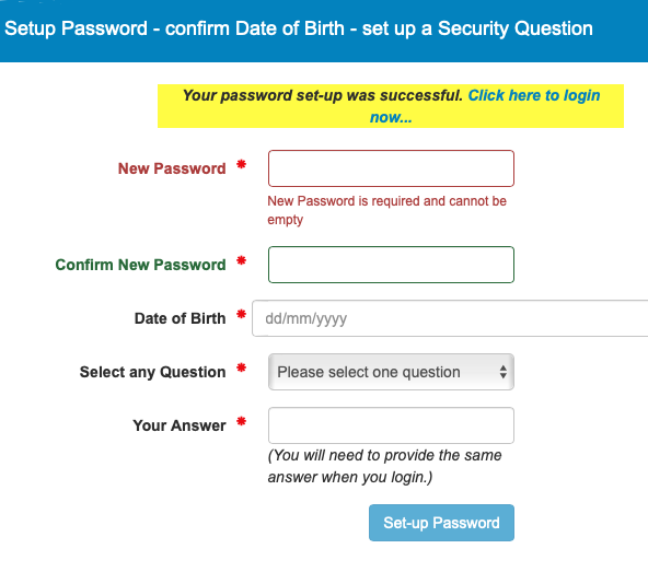 the form above, with the message now showing "your password setup was successful"
