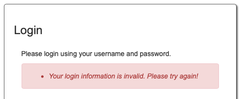 the login form with the message "your login information is invalid"